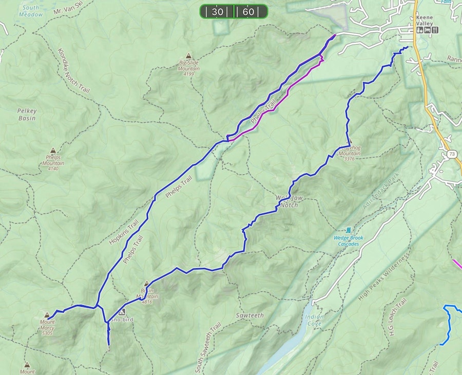 Screenshot of a topographical map which contains the route for the Adirondack Great Range Traverse.