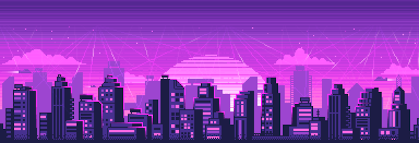 A bitmap rendered artwork of a futuristic city with a rising sun in the background.