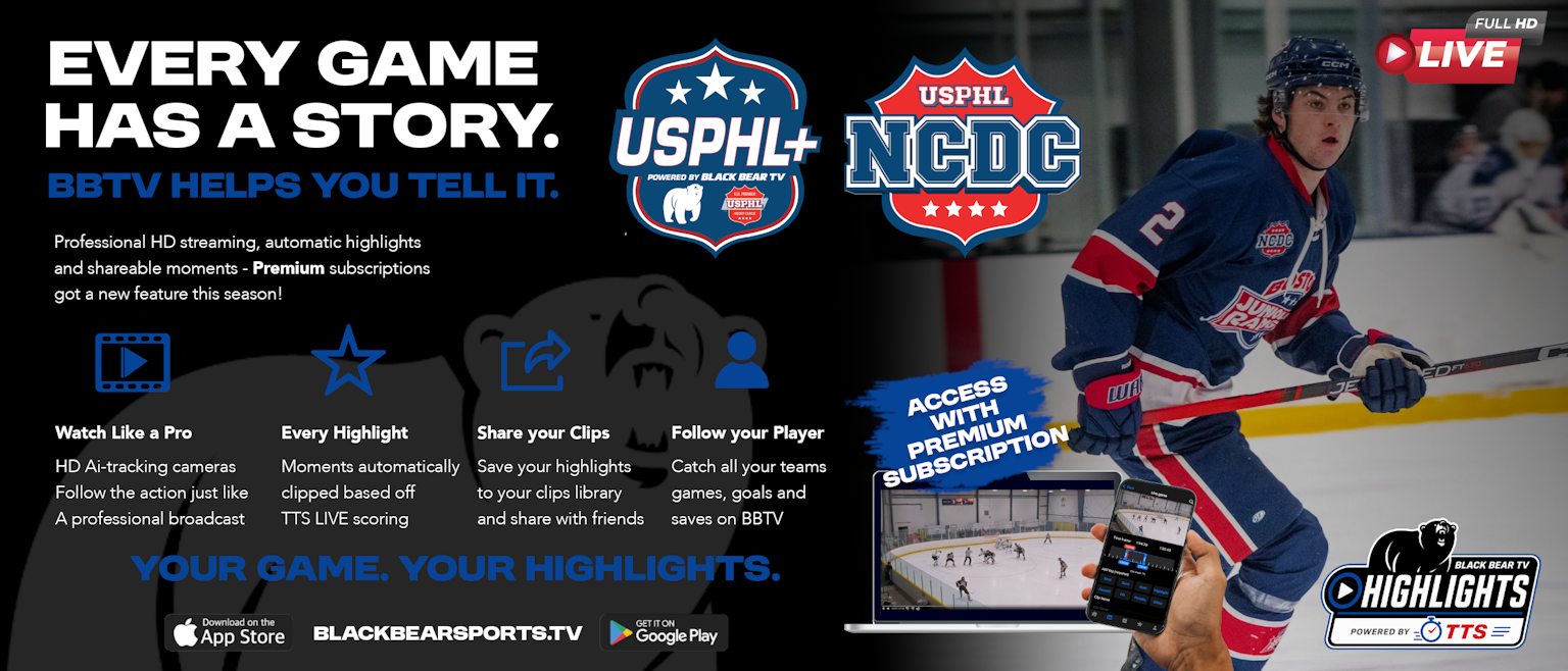 Promotional graphic for Black Bear TV (BBTV) showing a hockey player in action alongside a laptop and smartphone displaying live game footage and highlights. Text highlights features including &ldquo;Every game has a story,&rdquo; HD AI-tracking cameras, automatically clipped highlights, and options to share clips or follow players with a premium subscription. Logos for USPHL+ and USPHL NCDC are featured alongside app store download links and blackbearsports.tv.