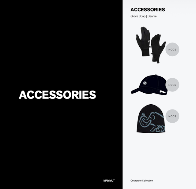 Mammut accessories including gloves, hat, and beanie.