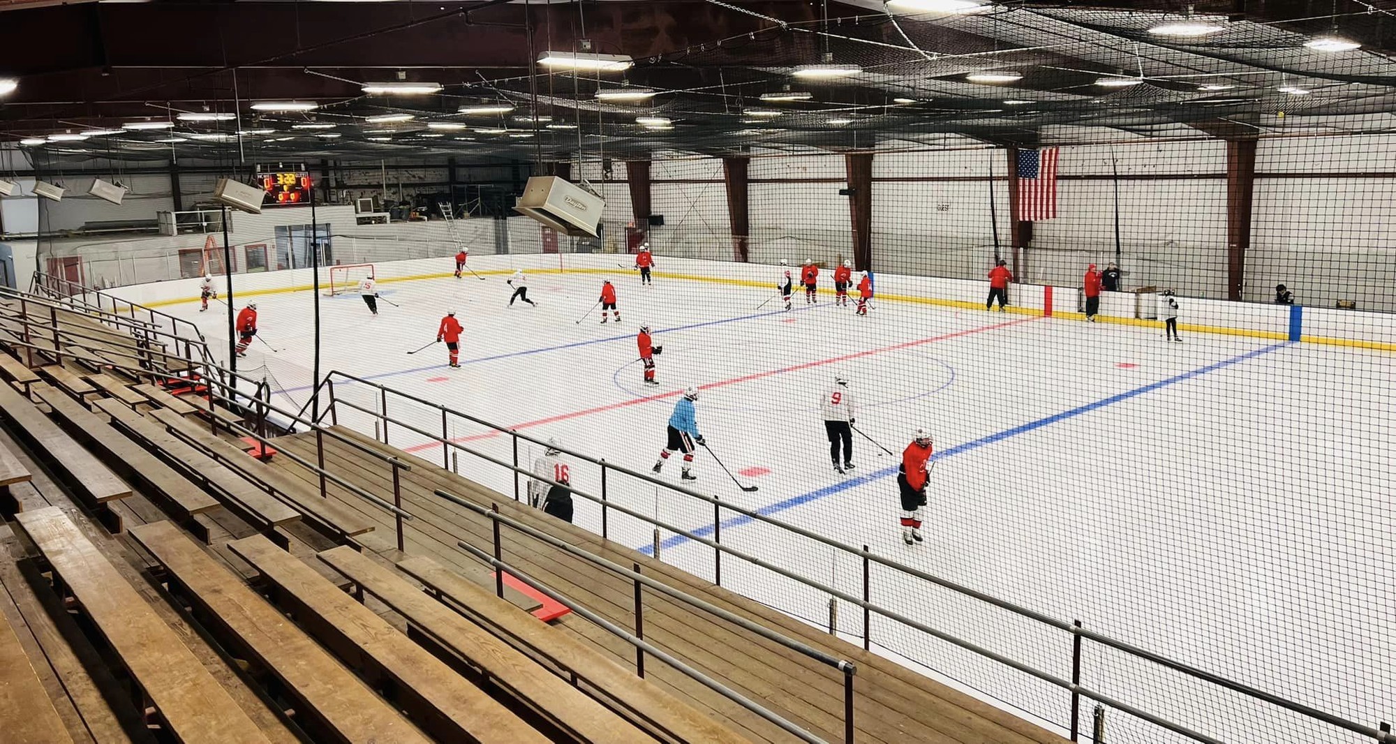Overhead view of the ice rink at Three Rivers Athletic Complex