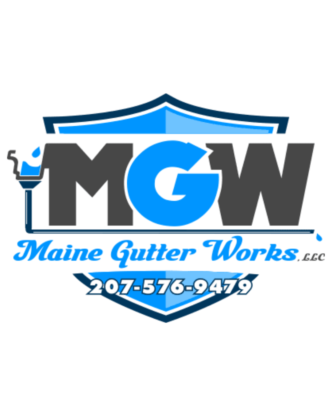 Maine Gutter Works logo with “MGW” lettering and phone number 207-576-9479.