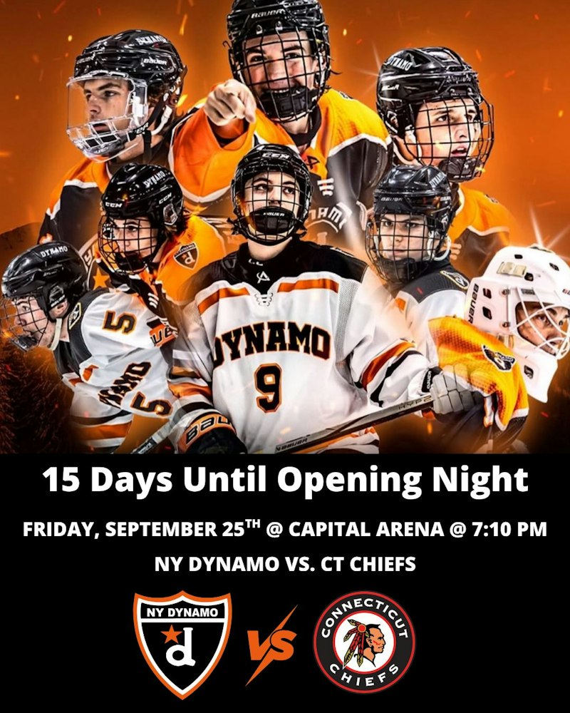Image text: 15 days until opening night; Friday, September 25th at Capital Arena at 7:10 PM vs the CT Chiefs