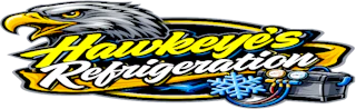 Hawkeye’s Refrigeration logo with a hawk mascot.
