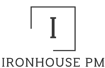 Ironhouse Property Management logo: a serif “I” inside an open square, above the wordmark “Ironhouse PM” in charcoal.